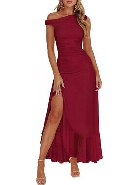 Women's Summer Off Shoulder Formal Dress Deep Red Bodycon Cocktail Maxi Dress